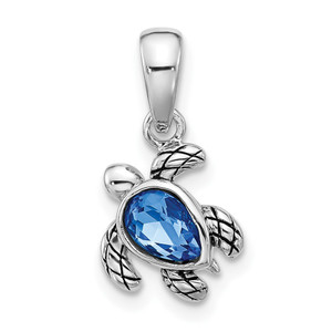 Sterling Silver Rhodium-plated Polished and Antiqued Crystal September Birthstone Turtle Pendant