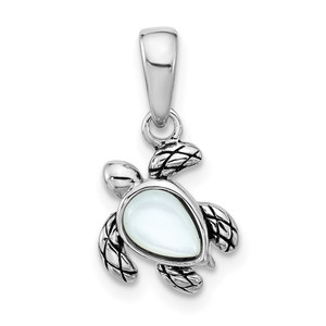 Sterling Silver Rhodium-plated Polished and Antiqued Mother of Pearl June Birthstone Turtle Pendant