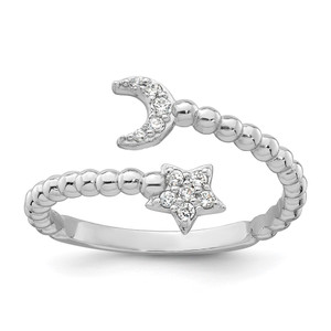 Sterling Silver Rhodium-plated Polished and Beaded Adjustable CZ Moon and Star Size 6 Ring