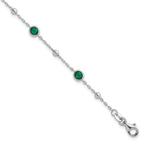 Sterling Silver Rhodium-plated Polished and Beaded Bezel-set Round Green CZ 7 Inch with 1 Inch Extension Bracelet