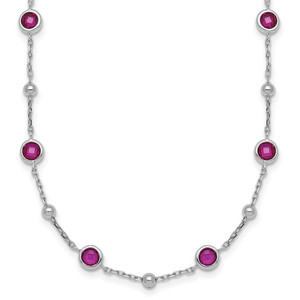 Sterling Silver Rhodium-plated Polished and Beaded Bezel-set Round Red CZ 16 Inch with 2 Inch Extension Necklace