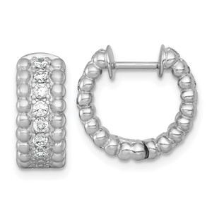 Sterling Silver Rhodium-plated Polished and Beaded CZ Round Hinged Hoop Earrings