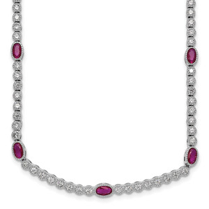Sterling Silver Rhodium-plated Polished and Beaded Fancy Oval Red and Round White CZ 17 Inch Necklace