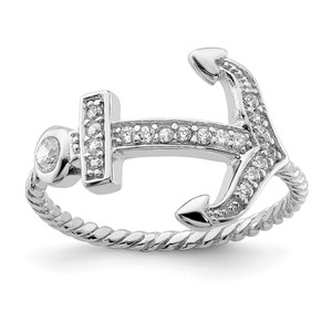 Sterling Silver Rhodium-plated Polished and Textured CZ Anchor Ring - QR-DE7C766B-7599