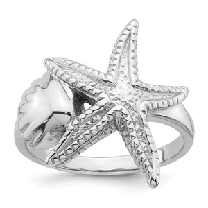 Sterling Silver Rhodium-plated Polished and Textured Sea Shell with Starfish Size 6 Ring