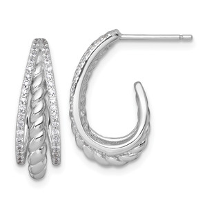 Sterling Silver Rhodium-plated Polished and Twisted CZ Triple J-Hoop Post Earrings