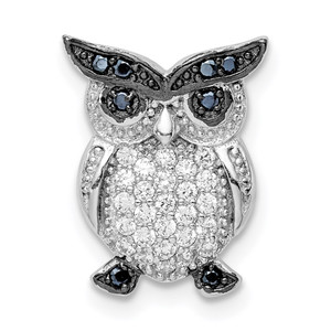Sterling Silver Rhodium-plated Polished Black and Clear CZ Owl Chain Slide