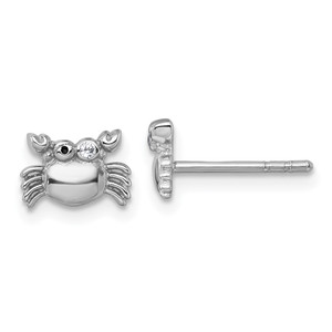 Sterling Silver Rhodium-plated Polished Black Enamel and White CZ Crab Childrens Post Earrings