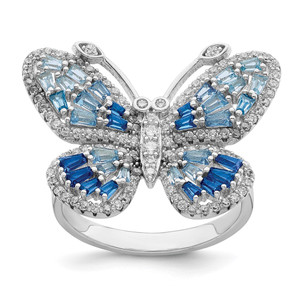 Sterling Silver Rhodium-plated Polished Blue & White CZ Butterfly Ring - QR-9AA083F0-9957