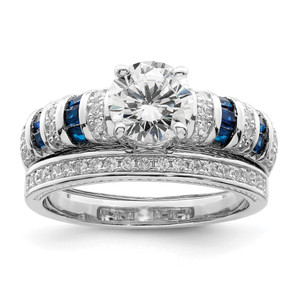Sterling Silver Rhodium-plated Polished Blue & White CZ Engagement & Band R - QR-AC0A1F18-7977