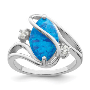 Sterling Silver Rhodium-plated Polished Blue Created Opal & CZ Twist Ring - QR-CAA0C100-4556