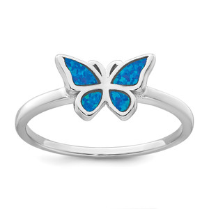 Sterling Silver Rhodium-plated Polished Blue Lab Created Opal Butterfly Size 7 Ring