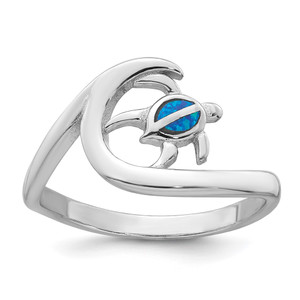 Sterling Silver Rhodium-plated Polished Blue Lab Created Opal Turtle on Wave Size 7 Ring