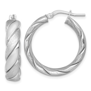 Sterling Silver Rhodium-plated Polished Brushed/Textured 6.00mm x 26mm Tube Hoop Earrings