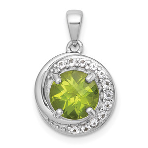 Sterling Silver Rhodium-plated Polished Checker-cut Round Peridot and White Topaz Circle Pendant