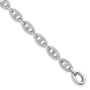 Sterling Silver Rhodium-plated Polished CZ Anchor/Mariner Link 7.25 inch Bracelet