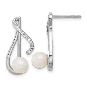 Sterling Silver Rhodium-plated Polished CZ and 5-6mm Freshwater Cultured Pearl Swirl Post Earrings