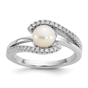 Sterling Silver Rhodium-plated Polished CZ and 6-7mm Freshwater Cultured Pearl Size 8 Ring