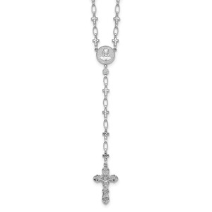 Sterling Silver Rhodium-plated Polished CZ and Diamond-cut Crosses 30.5 inch Rosary Necklace