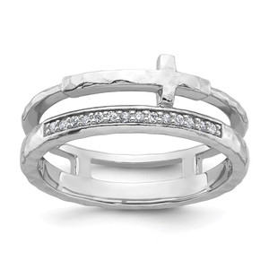 Sterling Silver Rhodium-plated Polished CZ and Hammered Cross Double Band Size 6 Ring