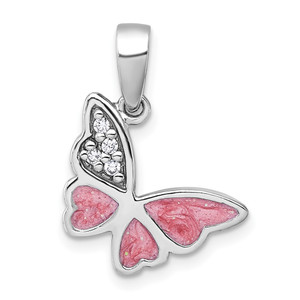 Sterling Silver Rhodium-plated Polished CZ and Pink Enamel Butterfly Pendant