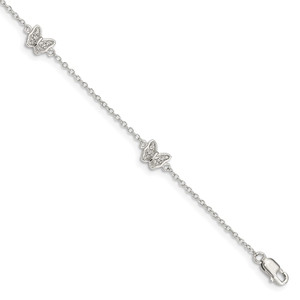 Sterling Silver Rhodium-plated Polished CZ Butterflies 6 inch Bracelet with 1 inch extension