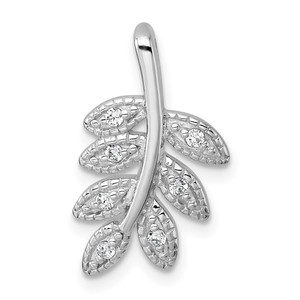 Sterling Silver Rhodium-plated Polished CZ Leaf Chain Slide Pendant