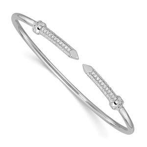 Sterling Silver Rhodium-plated Polished CZ Pointed Ends Flexible Cuff Bangle