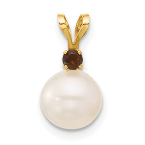 14k 7-7.5mm White Round Freshwater Cultured Pearl and .09SQ Smoky Quartz Pendant