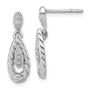 Sterling Silver Rhodium-plated Polished CZ Twisted Teardrop Dangle Post Earrings