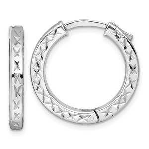 Sterling Silver Rhodium-plated Polished Diamond-cut 3x23mm with Safety Lock Hinged Square Tube Hoop Earrings