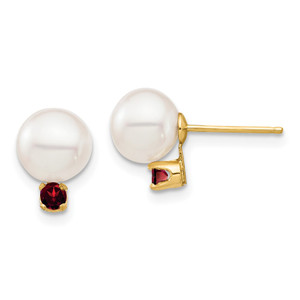 14k 7-7.5mm White Round Freshwater Cultured Pearl and .18GA Garnet Post Earrings