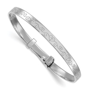 Sterling Silver Rhodium-plated Polished Etched Heart Pattern Childrens Expandable Bangle