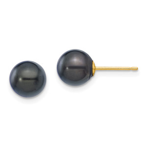 14k 7-8mm Black Round Akoya Saltwater Cultured Pearl Post Earrings
