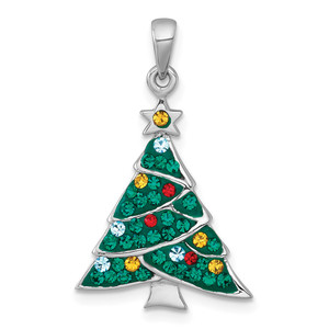 Sterling Silver Rhodium-plated Polished Green/Yellow/Red/Blue Crystal Christmas Tree Charm