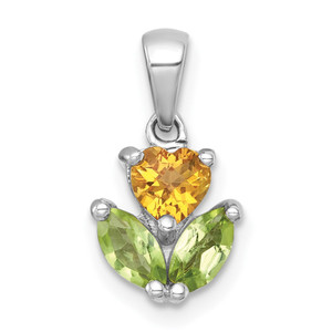 Sterling Silver Rhodium-plated Polished Heart Citrine and Peridot Flower Pendant