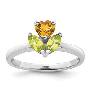 Sterling Silver Rhodium-plated Polished Heart Citrine and Peridot Flower Ring - QR-4B94BDBA-1348