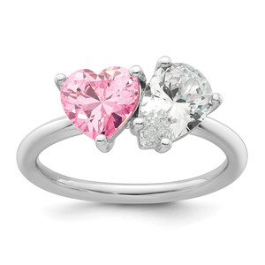 Sterling Silver Rhodium-plated Polished Heart Pink and Pear-shaped White CZ Size 8 Ring