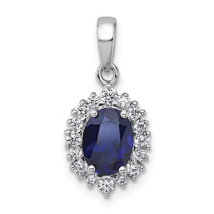 Sterling Silver Rhodium-plated Polished Lab Created Sapphire and CZ Oval Halo Pendant