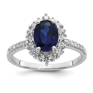 Sterling Silver Rhodium-plated Polished Lab Created Sapphire and CZ Oval Halo Size 7 Ring