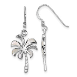Sterling Silver Rhodium-plated Polished Mother of Pearl Palm Tree Dangle Shepherd Hook Earrings