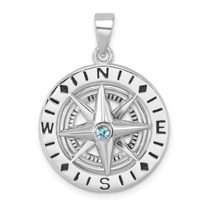 Sterling Silver Rhodium-Plated Polished Moveable Crystal Compass Pendant