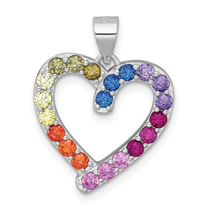 Sterling Silver Rhodium-plated Polished Multi-color Rainbow CZ Open Heart Pendant