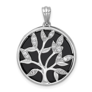 Sterling Silver Rhodium-plated Polished Onyx Circle and CZ Tree of Life Pendant