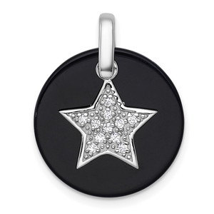 Sterling Silver Rhodium-plated Polished Onyx Circle with CZ Star Dangle Pendant
