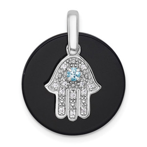 Sterling Silver Rhodium-plated Polished Onyx Circle with Light Swiss Blue Topaz and CZ Hamsa Dangle Pendant