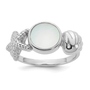Sterling Silver Rhodium-plated Polished Oval Mother of Pearl and Sea Shell with Starfish Size 8 Ring