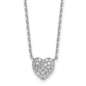Sterling Silver Rhodium-plated Polished Pave CZ Heart 16 Inch with 2 Inch Extension Necklace