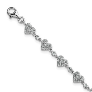 Sterling Silver Rhodium-plated Polished Pave CZ Hearts 7 Inch with 1 Inch Extension Bracelet