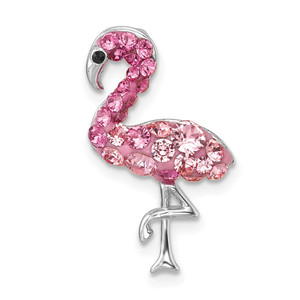 Sterling Silver Rhodium-plated Polished Pink Crystal Flamingo Chain Slide